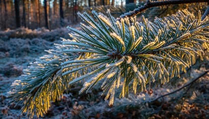 Frosty Pine Needles in Sunlight - A Winter Wonderland Scene.
