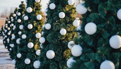 Christmas trees decorated with white ornaments in a row.