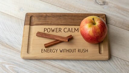 Wooden tray with engraved motivational phrases, cinnamon sticks, and a fresh apple on a light wooden surface