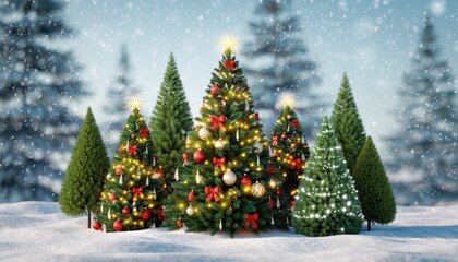 Festive Christmas Trees in Snowy Winter Landscape with Decorations.