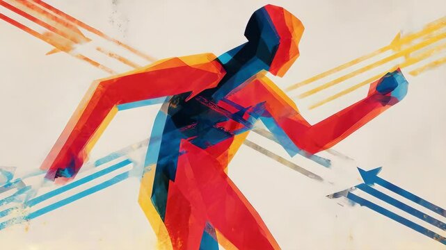 Abstract runner in motion. Geometric figure and colored stripes. Bright illustration
