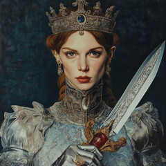 Regal queen with braided red hair holding a sword, wearing vintage crown and medieval armor dress