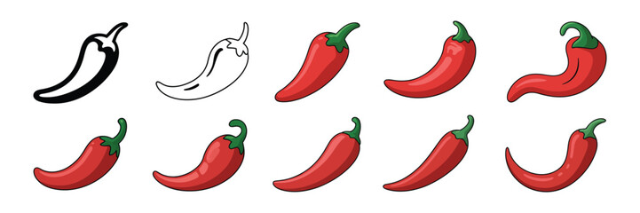 Red Hot Chili Pepper Icons Set In Clean Vector Illustration Featuring Natural Spicy Peppers For Asian And Mexican Food Design With Isolated Transparent Background And Modern Culinary Artwork