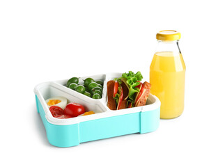 Lunchbox with yummy food and bottle of juice isolated on white background