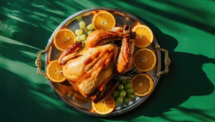 Roasted chicken with oranges and grapes on a silver platter.