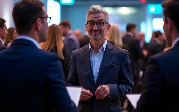 A CEO networking at a corporate event, building connections and fostering relationships with industry leaders and influencers. Generative AI. High quality - Powered by Adobe