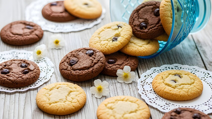A delicious assortment of homemade chocolate chip and white chocolate chip cookies piled high