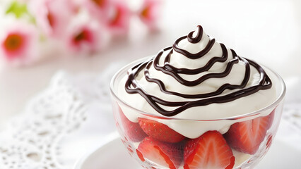 Decadent strawberry parfait with whipped cream and chocolate drizzle in a clear cup