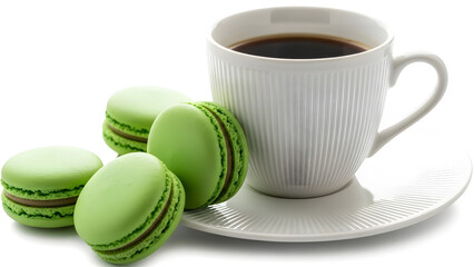 A delightful morning treat featuring a steaming cup of black coffee alongside a stack of vibrant green french macarons on a white saucer