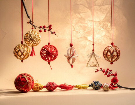 水引 Mizuhiki 007 Lunar New Year Decoration Background with Lanterns and Knots - Asian Spring Festival Frame（旧正月の飾りと水引飾りの背景素材 - 春節のランタンと花のフレーム） 