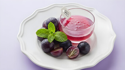Refreshing pink grape sorbet served with fresh grapes and mint leaves on a white plate