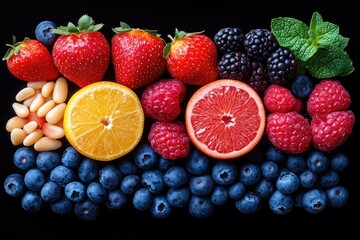 Fresh fruits and berries arranged nicely over black background in studio shot. Use it for any healthy food or nutrition-related projects, easily customizable.