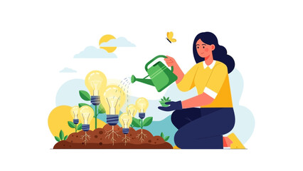 Woman watering lightbulbs plant in a garden soil, business idea concept for startup, entrepreneurship and investment