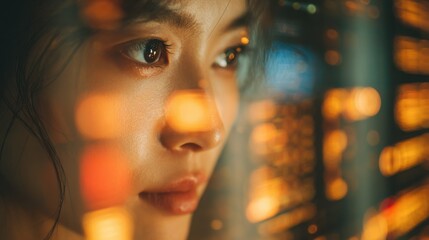 Thoughtful Asian Woman Looking at Digital Data Overlay