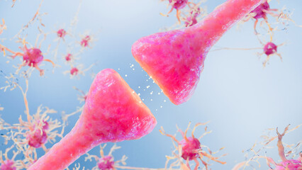 Neural Cells and Synaptic Connections Showing Brain Signal Transmission, Neuron Structure, Memory Pathways, Neurotransmitters, Alzheimer-Related Degeneration, Medical Neurology Concept, 3d render