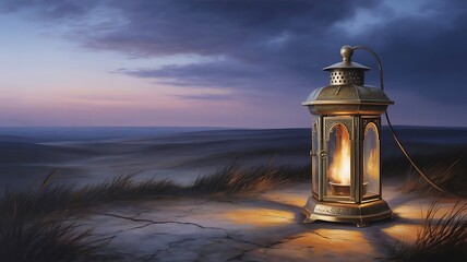 Ornate gold lantern glowing in a barren field landscape at twilight