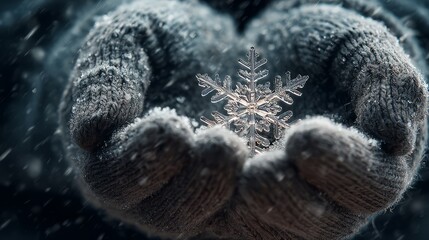 Close-up of gloved hands holding a delicate snowflake