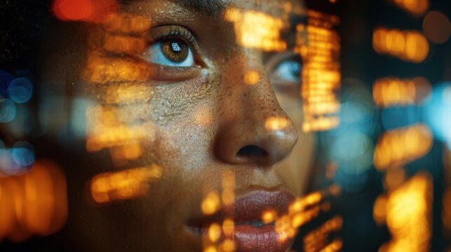 Close-up Portrait of Woman with Digital Data Overlay