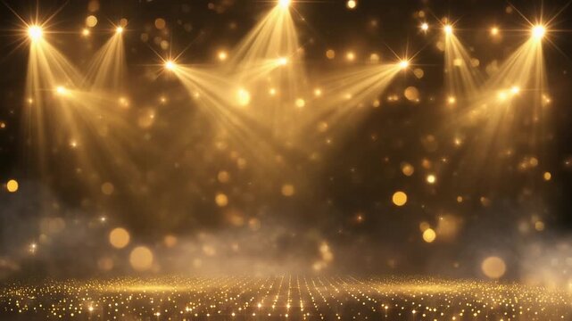 Award Ceremony Stage Lights Sweeping Slowly: Golden Spotlights Crossing Through Light Fog, Sparkling Bokeh and Gold Particles Seamless Loop Background