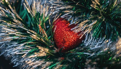 Red heart ornament nestled in a Christmas tree.