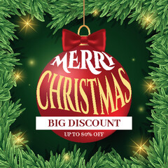 Merry Christmas Big Discount Banner with Realistic Pine Frame