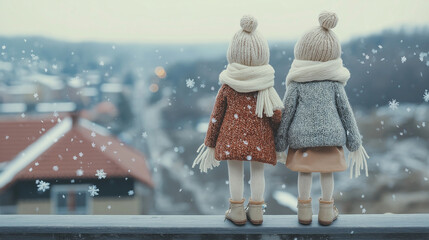 Adorable knitted dolls share winter view watching snowfall and dreaming of holidays together fondly