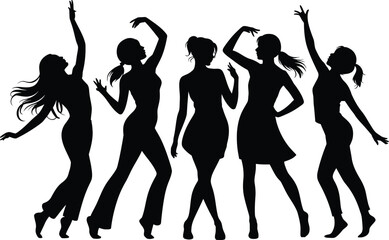 Black and white silhouette illustration of dancing in a white background.