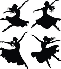 Black and white silhouette illustration of dancing in a white background.