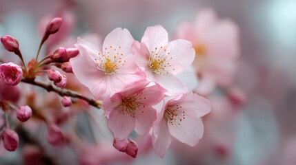 Obraz premium Cherry blossoms fill the scene with their stunning pink flowers and intricate details. Budding blooms emerge against a blurred background signifying the arrival of spring.