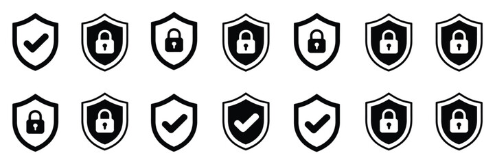 Shield Security Icon Set In Clean Vector Illustration Featuring Protection Symbols With Check Mark And Lock Elements For Modern Safety Interface Design Template