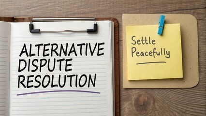 Concept of Alternative Dispute Resolution with Notepad and Sticky Note Highlighting Peaceful Settlement Strategy
