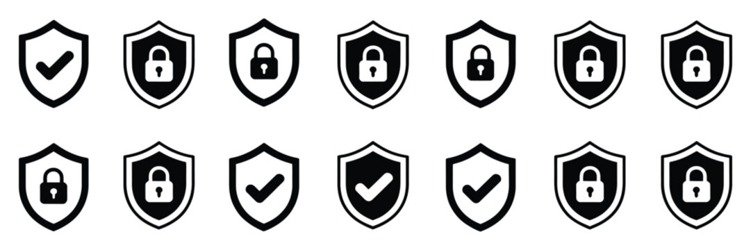 Shield Security Icon Set In Clean Vector Illustration Featuring Protection Symbols With Check Mark And Lock Elements For Modern Safety Interface Design Template