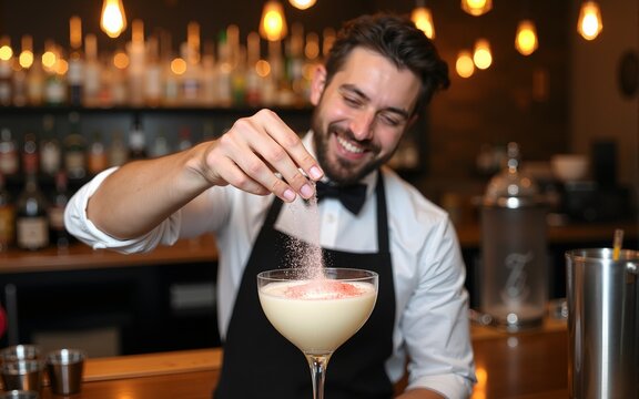 Smiling bartending adding sprinkles of powder over a prepared cocktail. High quality