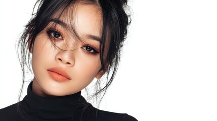 A young woman showcases her natural beauty with light makeup while posing against a clean white background. Her confident expression and elegant style are prominent in the portrait.