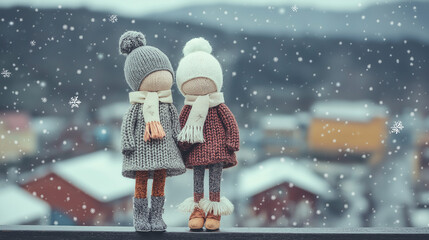 Cozy winter knitted dolls wearing scarves and hats enjoying the snowfall in a charming seasonal scene