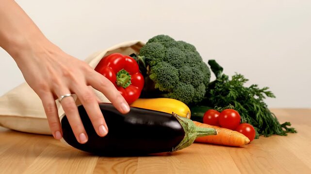Fresh Assorted Vegetables Overflowing From Reusable Grocery Bag on Wooden Table Studio Lighting