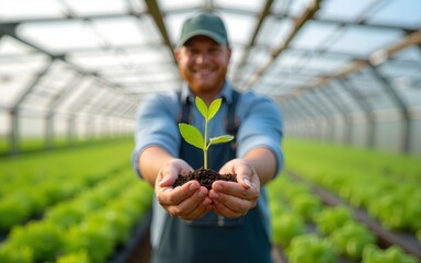 Holding young plant, farmer working in hydroponic farm greenhouse. High quality