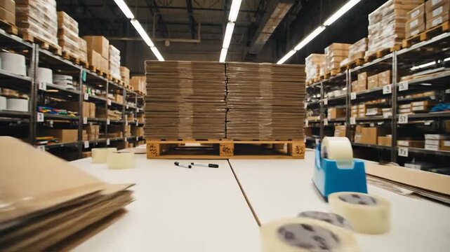 Efficient warehouse operations with stacked cardboard boxes ready for distribution, showcasing organized storage solutions and logistics management