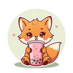 Fox Drinking Bubble Tea Vector Illustration
