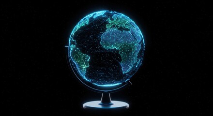 Illuminated digital representation of the world mounted on a stand rotates against a dark background