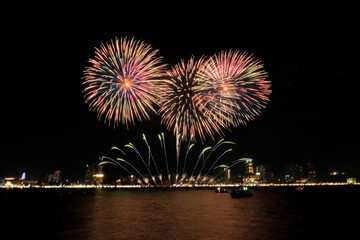 Spectacular colorful fireworks at Pattaya International Fireworks Festival 2025 viewed from a raft...
