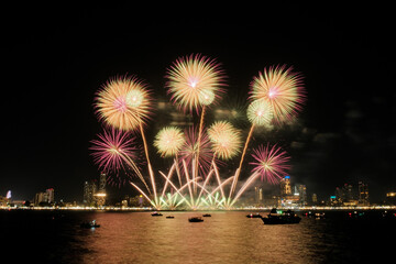 Spectacular colorful fireworks at Pattaya International Fireworks Festival 2025 viewed from a raft...