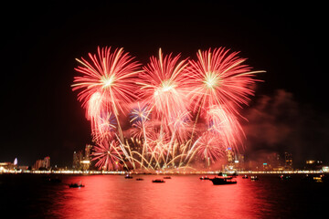 Spectacular colorful fireworks at Pattaya International Fireworks Festival 2025 viewed from a raft...