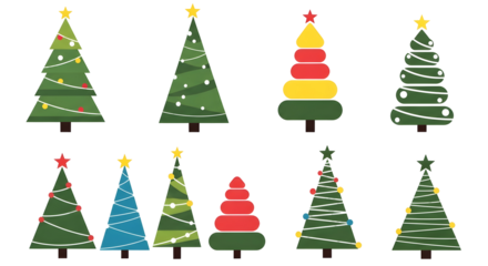 Collection of stylized christmas trees with decorations on black background