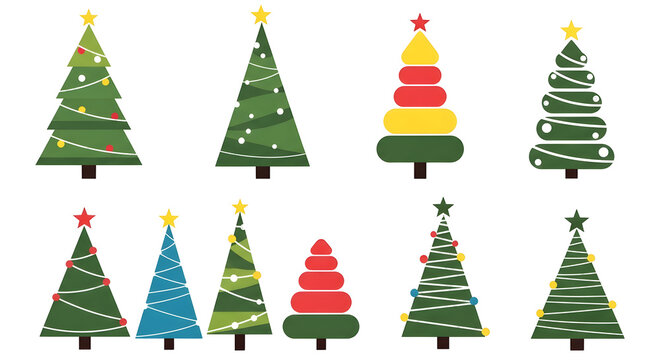 Collection of stylized christmas trees with decorations on black background