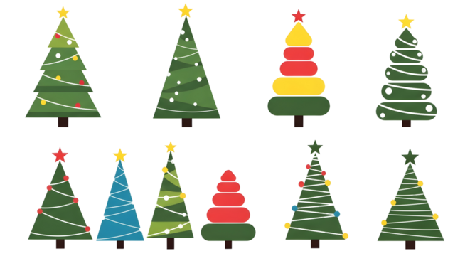 Collection of stylized christmas trees with decorations on black background