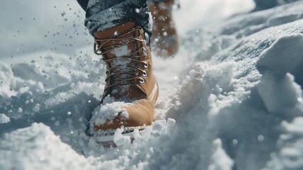 Closeup of tan winter boots stomping through fresh snow with flying ice particles, active outdoor cold weather footwear concept