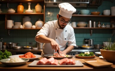 Chinese chef prepares fish in a restaurant kitchen. High quality