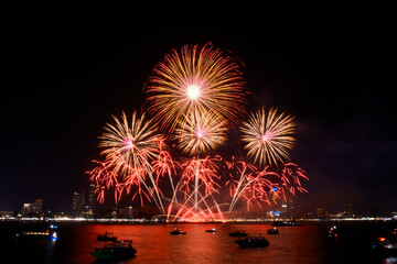 Spectacular colorful fireworks at Pattaya International Fireworks Festival 2025 viewed from a raft...