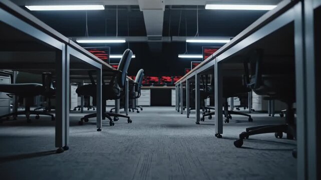 Empty office space with rows of desks and chairs arranged in a symmetrical perspective under fluorescent lighting The scene shows an unoccupied workspace with visible computer monitors displaying red
